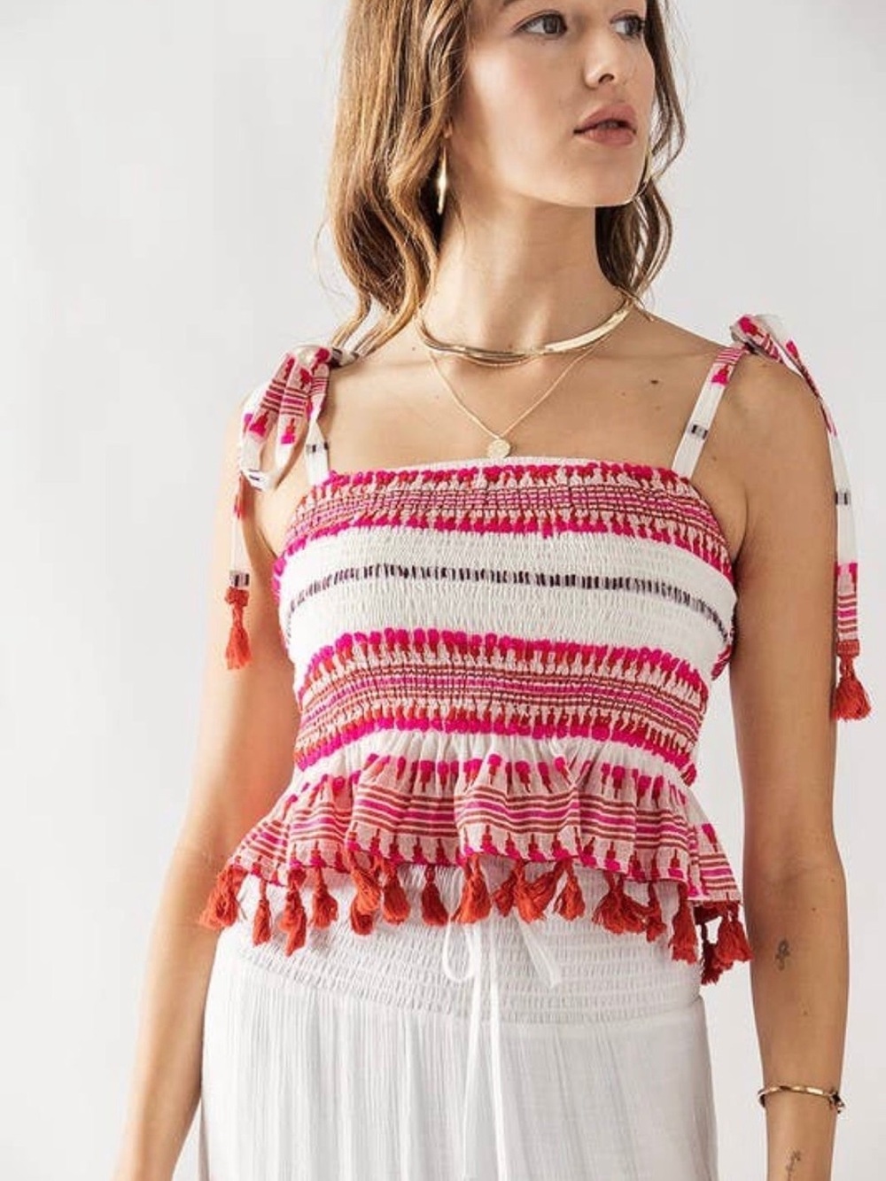 Smocked Tie-Shoulder Tassel Camisole in Pink & White